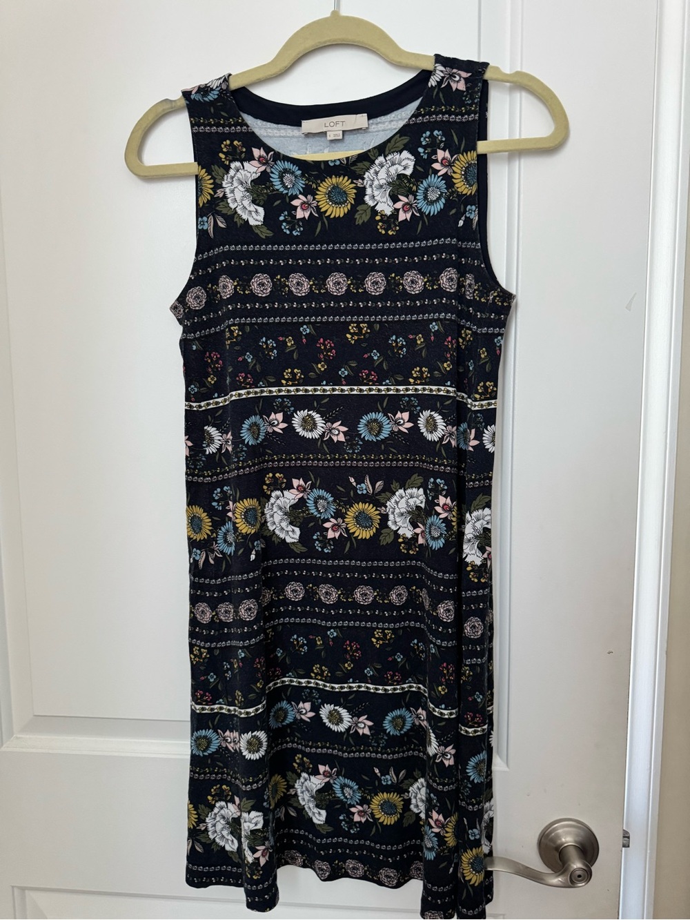 LOFT Black Floral Midi Dress with Blue, Yellow & White Accents